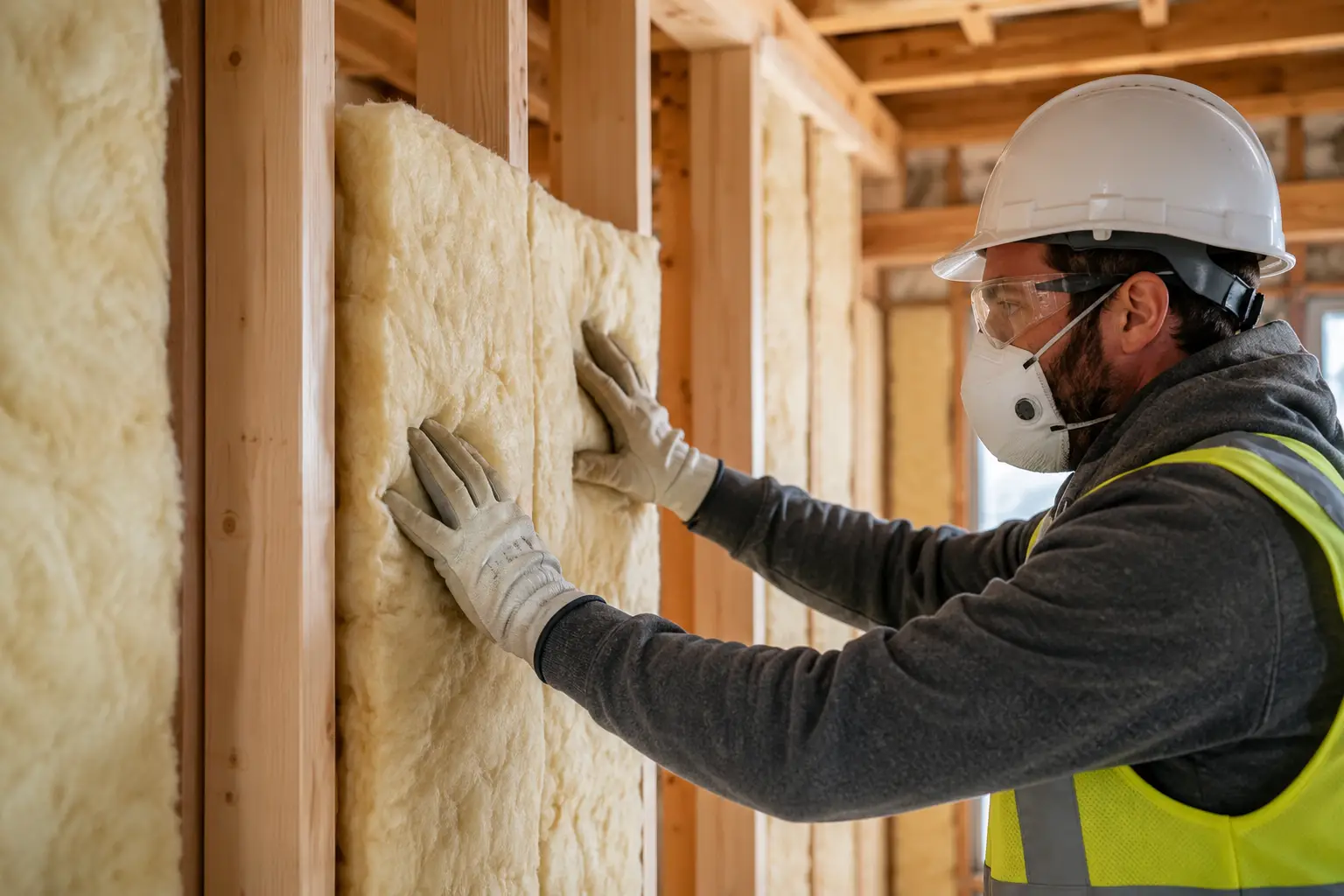 Worker Installing Fiberglass Insulation in Wooden Wall Frame