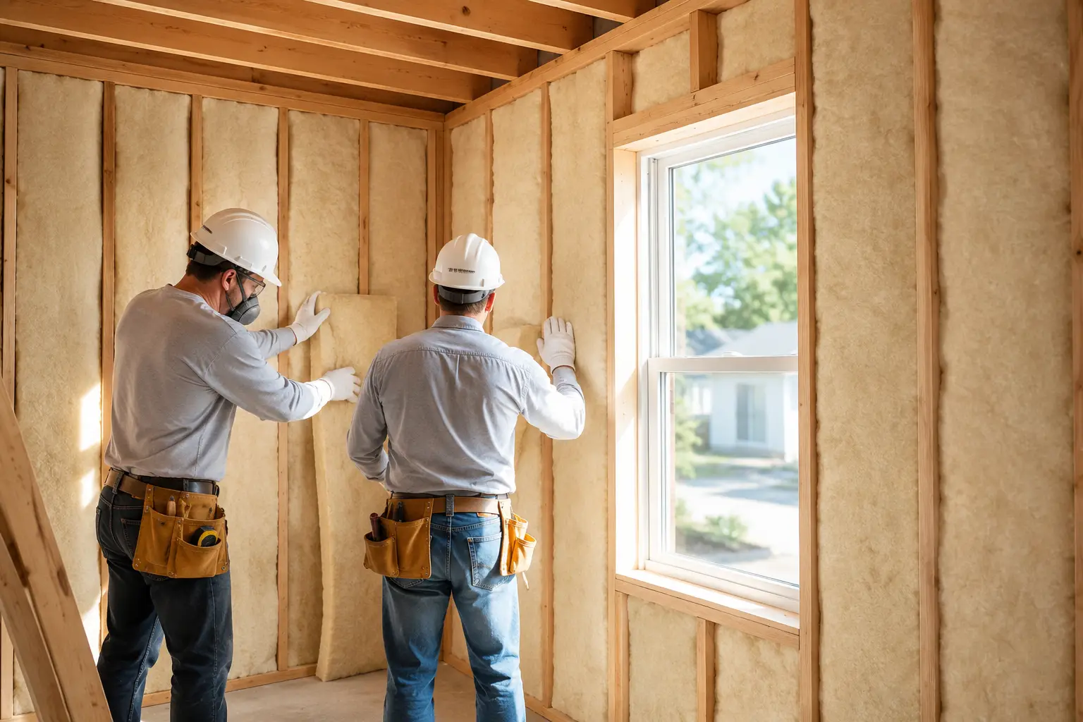 Contractors Installing Fiberglass Insulation in Wooden Framed Room