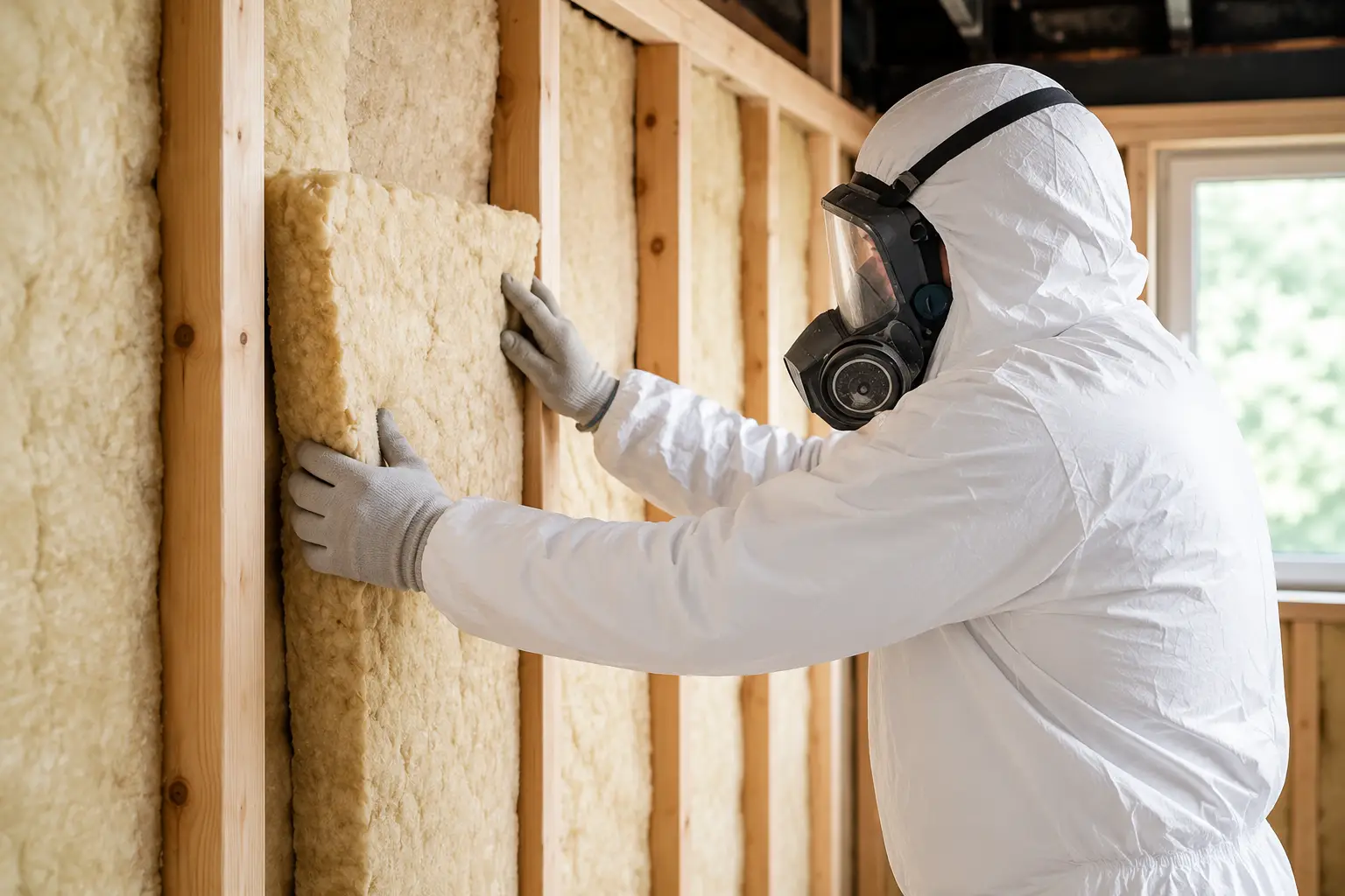Worker Installing Fiberglass Insulation in a Wooden Framed Wall